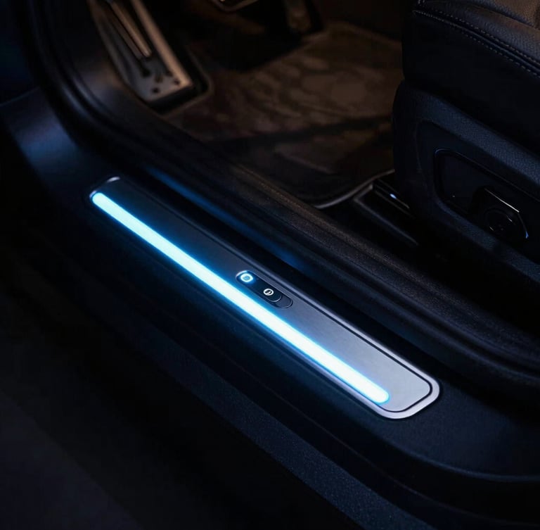 Close-up of a premium LED car door sill glowing in a dark cabin, magnetic trigger setup visible, moody automotive photography, 35mm lens
