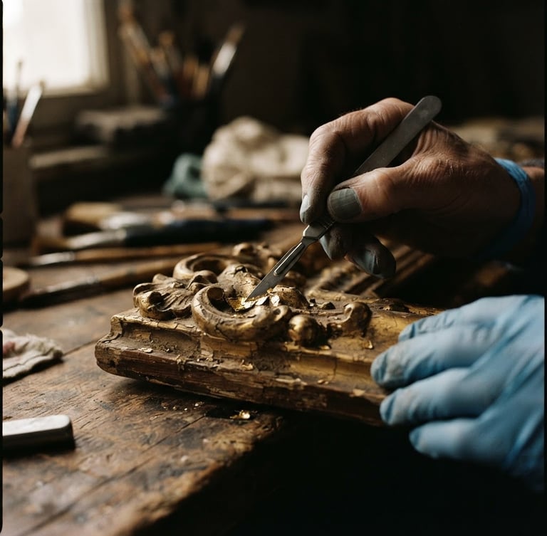 Extreme close-up of a conservator's hands using a scalpel on 18th-century gold leaf, dramatic workshop window light, chiaroscuro, 35mm