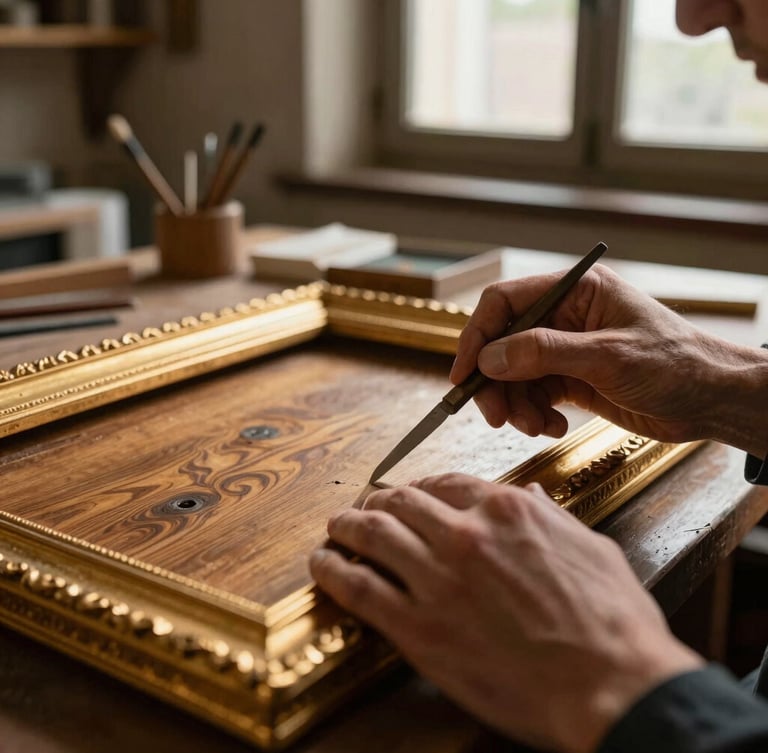 Environmental portrait of a restorer in Florence workshop, chiaroscuro lighting, hands using a scalpel on antique gold leaf frame, warm wood tones, 35mm