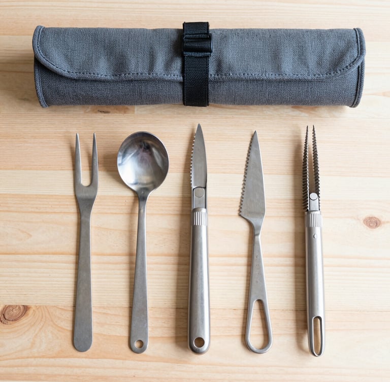Overhead flat lay of high-quality stainless steel tools and a durable canvas utility roll on a clean wooden workbench, bright natural morning light, sharp focus, 50mm lens
