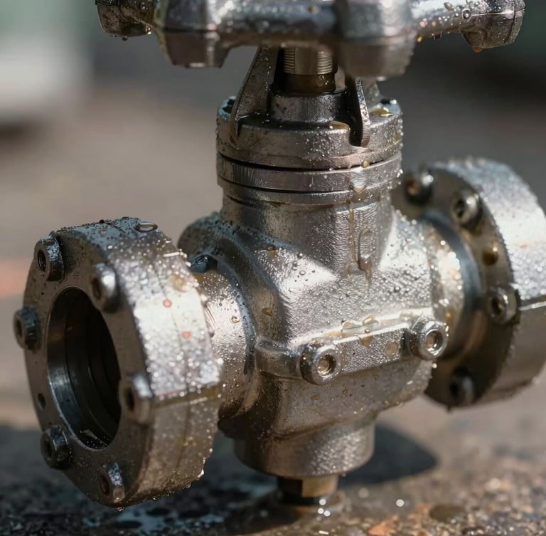 Extreme close-up of a heavy-duty marine-grade steel valve coated in light protective oil, high-contrast harsh daylight