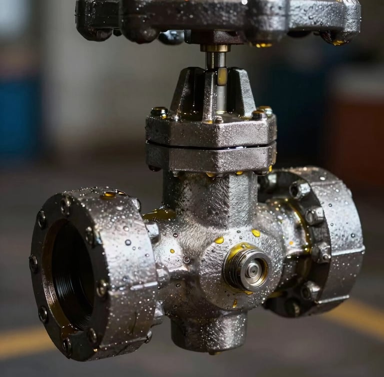 Close-up macro shot of a heavy-duty marine-grade steel valve coated in light protective oil, harsh high-contrast industrial lighting