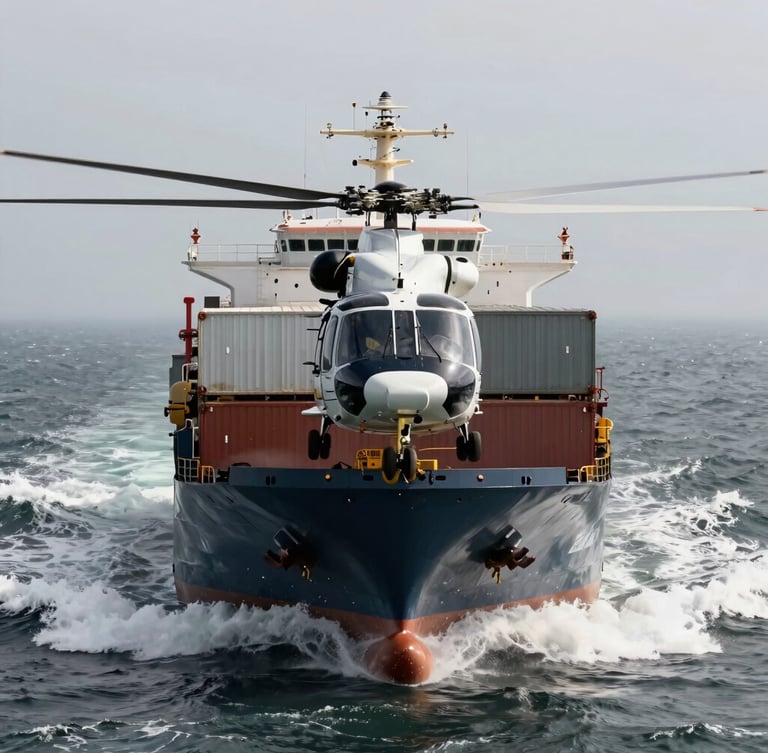 A twin-engine helicopter hovering directly over the helideck of a massive container ship in heavy gray seas, high-contrast daylight, dramatic spray
