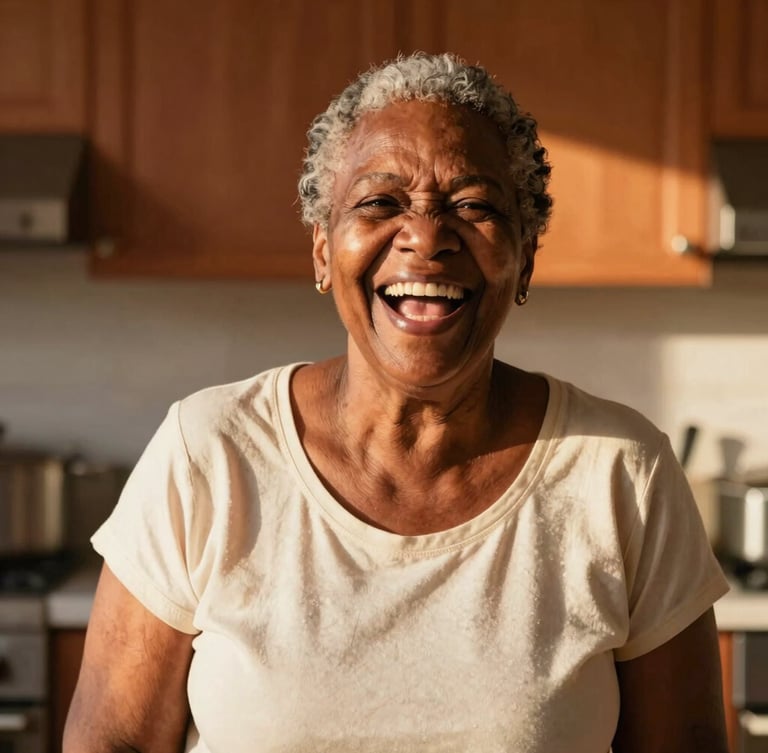A candid portrait of an elderly Black woman laughing joyfully in a warm, sunlit community kitchen, golden-hour natural light, rich terracotta and cream tones, shallow depth of field