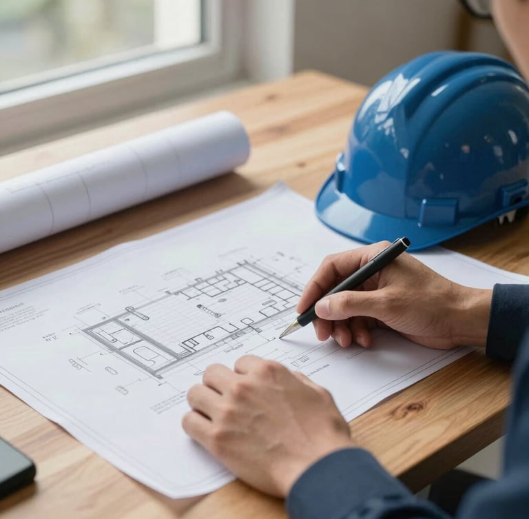 Close-up of hands holding a technical blueprint on a wooden table, safety helmet nearby, natural window light, professional and precise.
