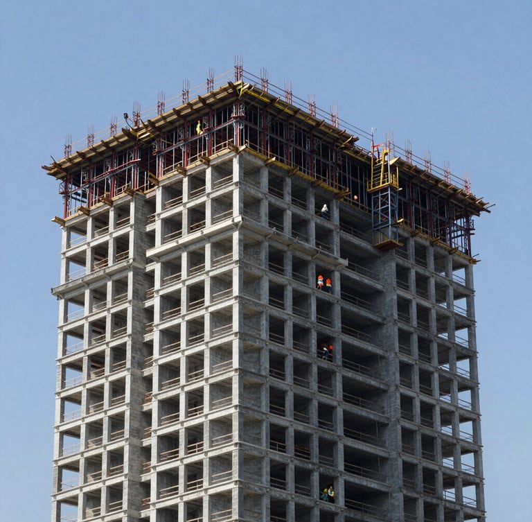 Wide environmental architectural photography of a modern high-rise construction site in Rio de Janeiro, clean steel structures, workers in proper safety gear under crisp daylight.