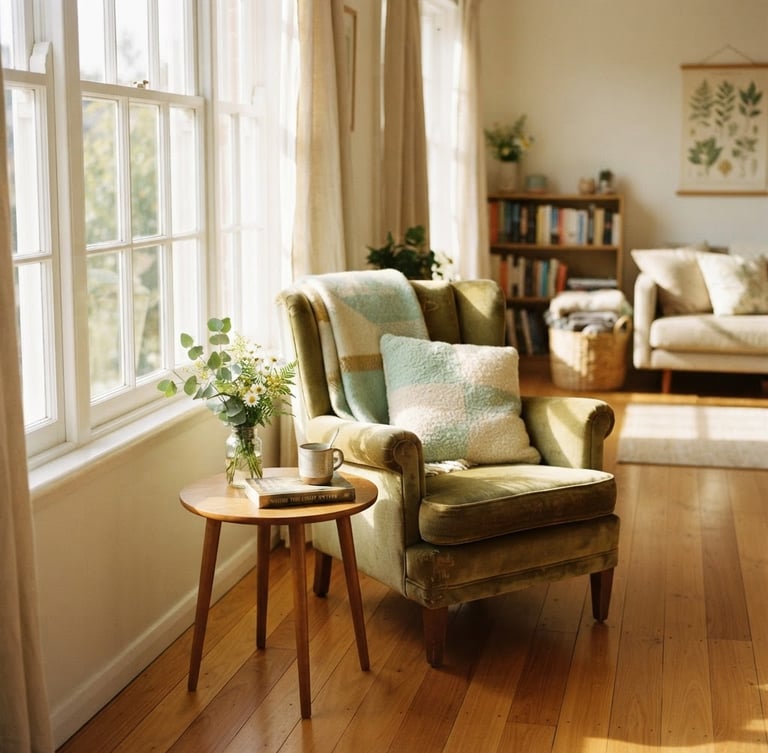 Bright sunlit living room with polished wooden floors, warm natural daylight streaming through windows, soft golden tones, shallow depth of field, 35mm