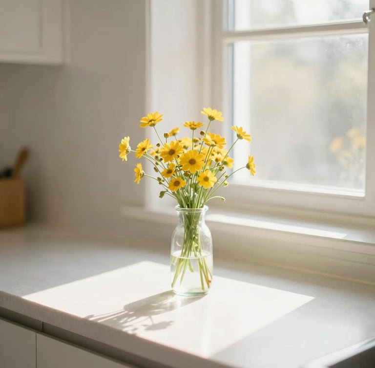 Warm editorial photography of a sparkling clean kitchen counter with a simple vase of local yellow wildflowers, soft morning light streaming through a window, shallow depth of field