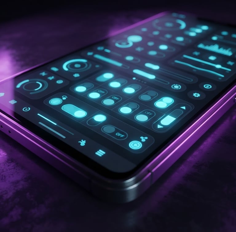 Angled perspective close-up of a high-fidelity Android device mockup, glowing electric-cyan UI toggles on a deep charcoal glass screen, dark ambient studio lighting with neon purple edge glows, octane render