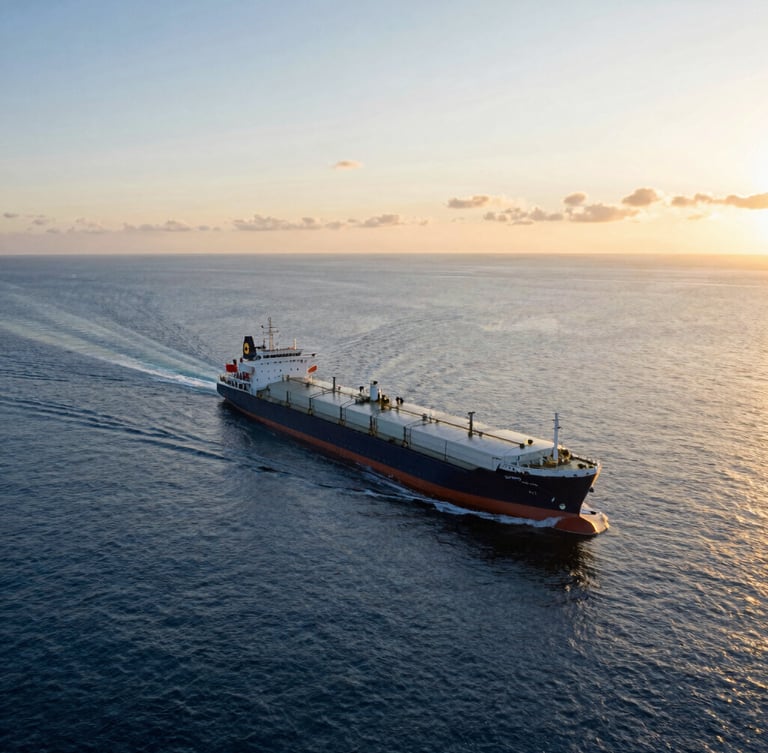A cinematic wide-angle drone shot of a modern clean product tanker sailing across calm, pristine blue waters under a golden-hour sunset, 35mm.