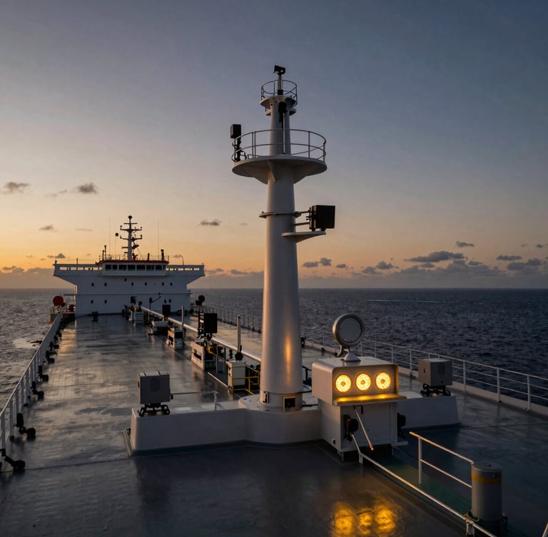 A close-up of state-of-the-art modern bridge instrumentation on a clean tanker, high-contrast cinematic twilight, polished steel details, warm golden indicators.