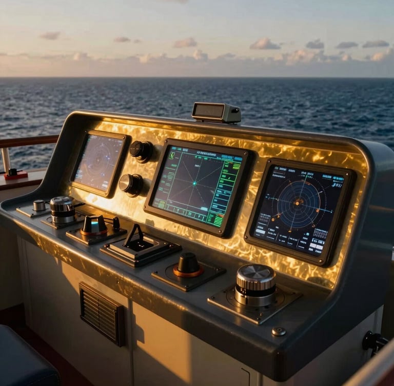 Close-up of modern high-tech marine navigation console on a ship bridge, glowing digital charts, golden hour light reflecting on polished brass and steel instruments, cinematic 35mm