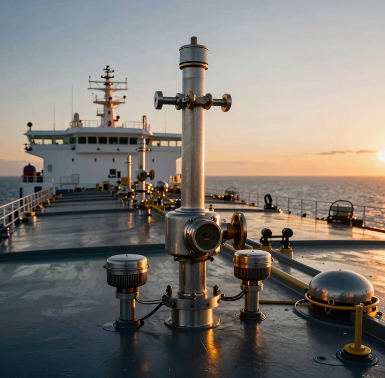 Close-up of polished steel bridge instrumentation inside a state-of-the-art tanker vessel, warm twilight lighting, high-contrast cinematic reflections, shallow depth of field