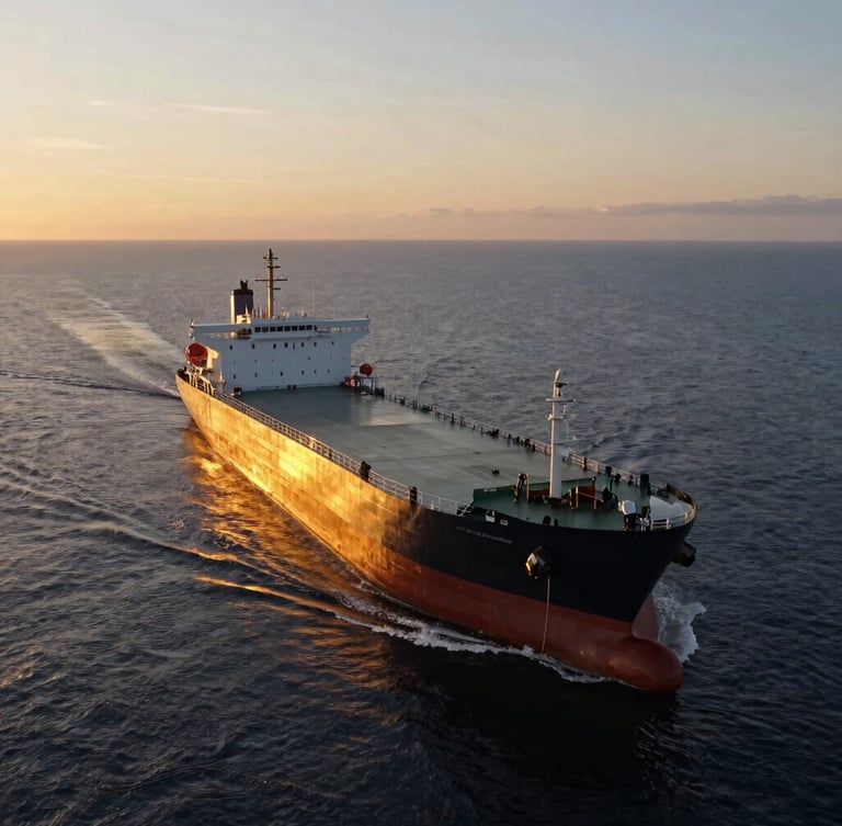 A cinematic wide drone shot of a modern product tanker sailing across calm deep navy waters during a spectacular golden hour sunset, warm light reflecting off the hull, 35mm.