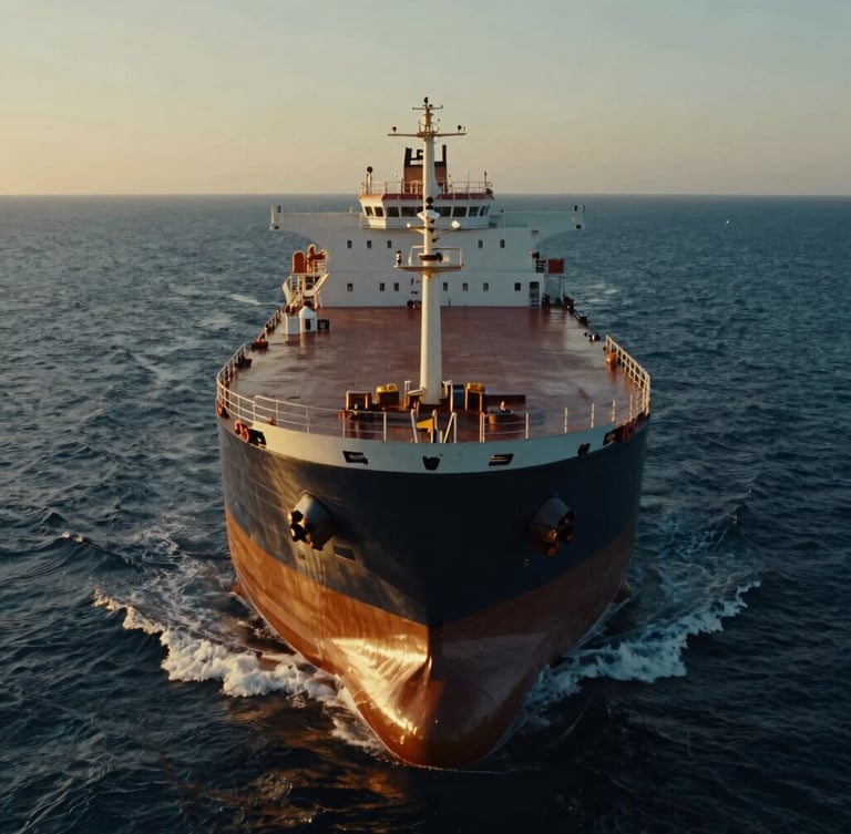Cinematic close-up of a modern product tanker's polished steel bow cutting through deep blue oceanic waters, low-angle dramatic evening light, 35mm.