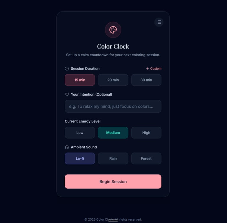main screen of the Color Clock web app, a meditative coloring timer for coloring enthusiasts