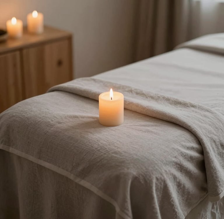 Warm editorial photography, soft diffused candlelight, detail of a minimalist massage room with warm wooden details and soft linen sheets, shallow depth of field, 35mm