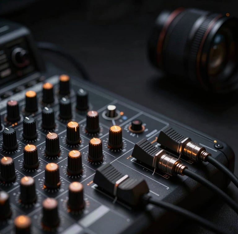 Dramatic close-up of premium audio mixer dials and patch cables under low-key studio lighting with sharp amber highlights, matte black hardware surface, 50mm lens portrait aspect