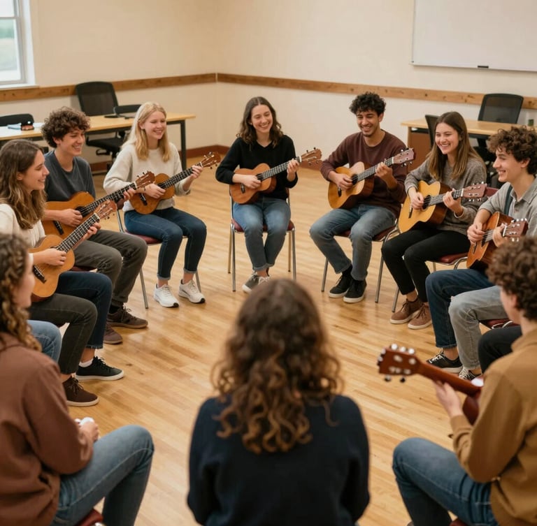 Candid medium shot of smiling people of various ages sitting in a circle with ukuleles and acoustic guitars inside a warm community center