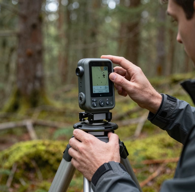 Close-up of a professional topographer in outdoor gear adjusting a high-precision GPS station on a mossy forest floor, soft natural light filtering through native trees