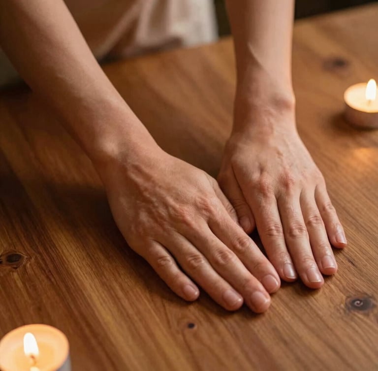 Hands performing a precise Ayurvedic massage stroke with warm herbal oil on a teakwood table, soft golden lighting, shallow depth of field, warm editorial photography