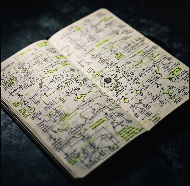 Macro close-up of a physical notebook with strategic diagrams hand-drawn, sharp key light on the paper, deep obsidian background, moody dark-mode editorial photography, 35mm film