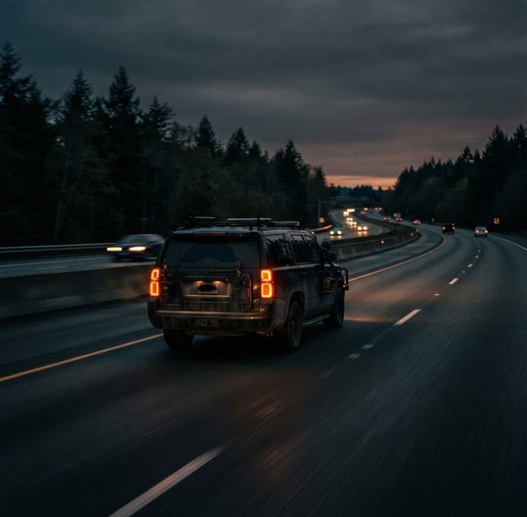 Cinematic tactical escort vehicle driving on a highway at twilight, orange amber taillights, deep charcoal sky, sharp focus, 35mm photography