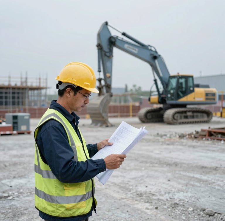 Ingeniero con casco y chaleco de alta visibilidad revisando planos en una gran obra de construcción industrial, maquinaria pesada al fondo, luz de día nublada, tonos fríos.