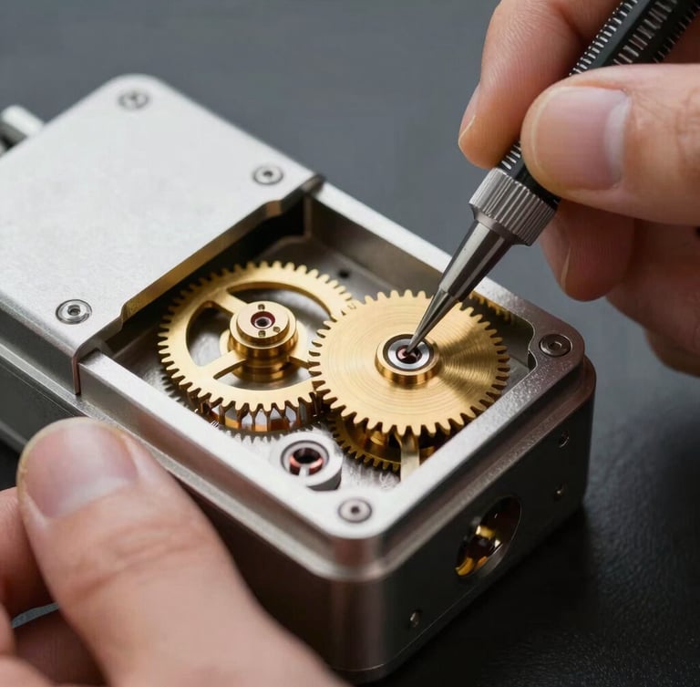 Macro close-up of hands calibrating the internal brass gears of a high-security lock mechanism with micro-tools, sharp LED lighting, technical precision.