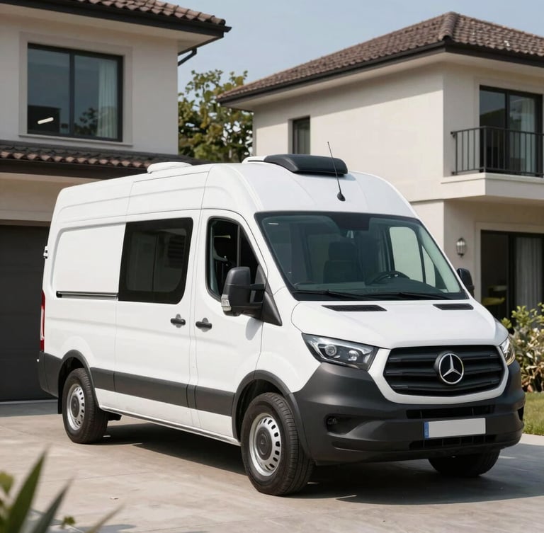 Wide environmental shot of a clean, branded mobile workshop van arriving at a modern high-end residence, bright daylight, sharp focus.