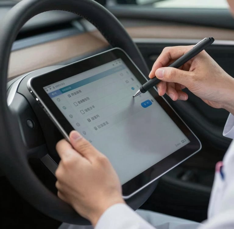 Macro shot of hands in clean technician uniform using a diagnostic tablet connected to a luxury car steering column, crisp LED lighting.