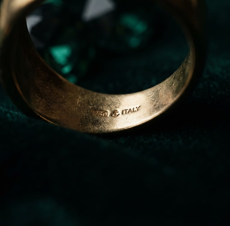 Macro editorial photograph of hallmarked gold edges catching dramatic low-key spotlight, rich emerald shadows, shallow depth of field, 85mm lens