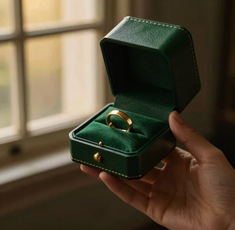 An elegant hand holding a green leather heirloom box under soft golden-hour window light, showcasing a gold ring, 85mm lens