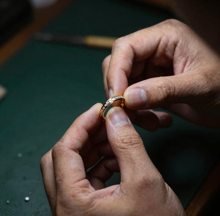Close-up of a master jeweller's hands holding an elegant gold bridal ring under dramatic low-key directional lighting, 85mm lens