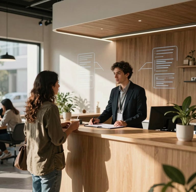 Environmental shot of a modern, sunlit coworking space in Mexico City, a community manager talking to a member at the reception desk, subtle digital UI lines overlaid, warm natural light.