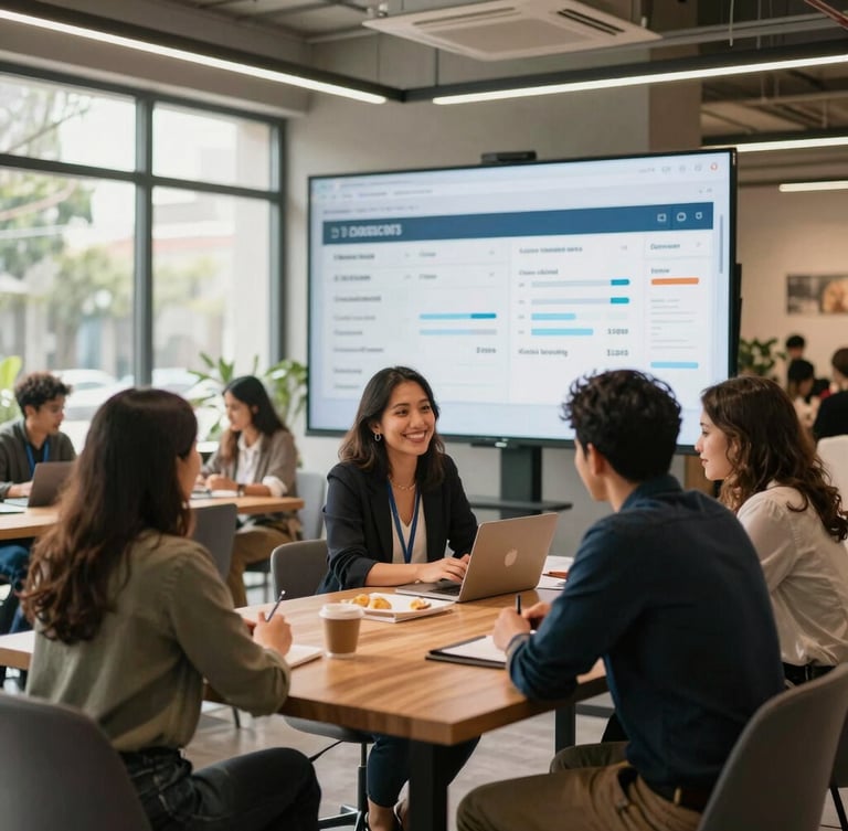 Wide environmental shot of a modern, sunlit coworking space in Mexico City, a community manager interacting warmly with a member at a sleek wooden table, subtle digital UI overlay showing clean data flows in the background, natural daylight, professional architectural framing.