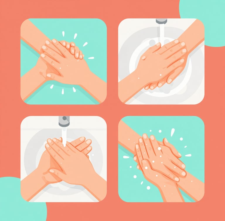 Flat-lay style infographic preview showing clean hands washing steps, vibrant warm coral and teal colors, clean geometric shapes, bright daylight