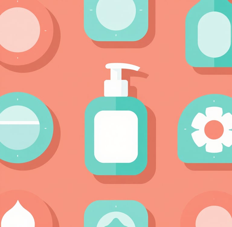 Flat-lay digital illustration of colorful maternal hygiene infographics, warm coral and soft teal tones, clean geometric shapes, high contrast daylight
