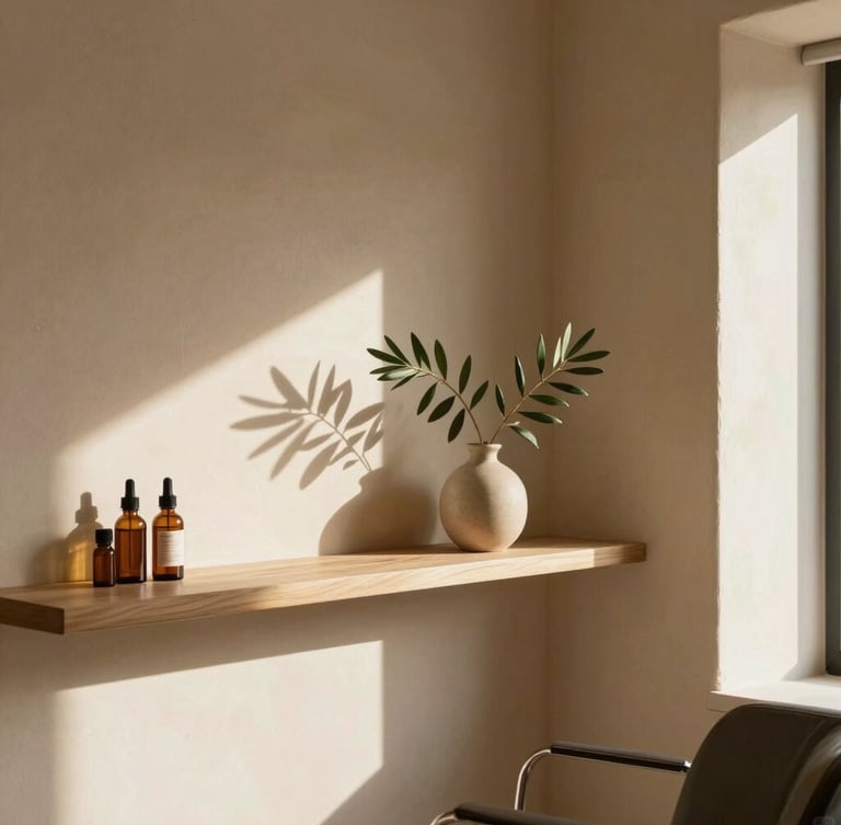 Close-up of soft morning light illuminating a minimalist hair salon interior in Sant Celoni, warm sand-colored plaster walls, a simple wooden shelf with organic oils, and a single green olive branch in a ceramic vase, peaceful atmosphere.