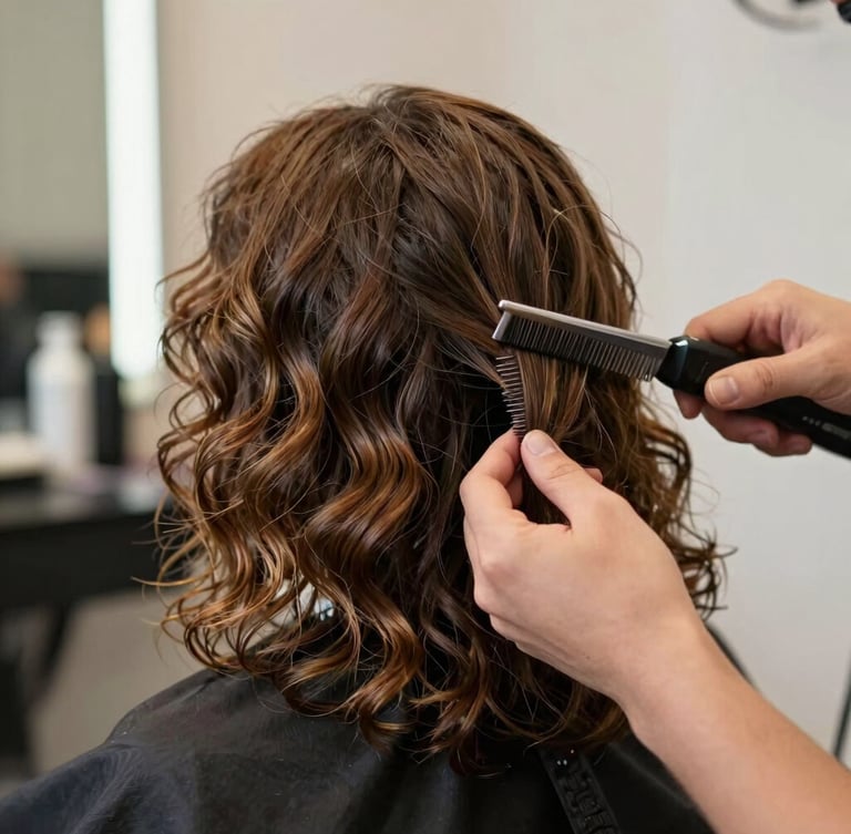 Primer plano de texturas de cabello natural ondulado bajo luz difusa de tarde, manos de estilista trabajando con delicadeza en el corte, enfoque suave.