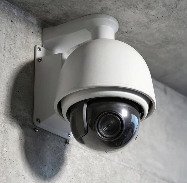 Close-up of a high-end dome camera integrated into a concrete wall, sharp shadows, industrial high-contrast lighting, engineering precision