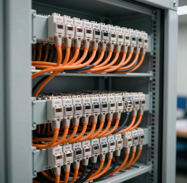Vertical portrait shot of a certified structured cabling cabinet, perfectly organized orange and black ethernet cables bundled with precision, high-contrast industrial lighting, shallow depth of field.