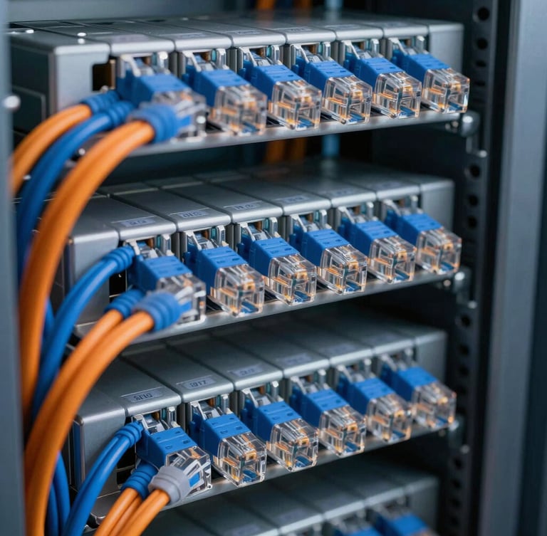 Extreme close-up of a perfectly organized structured cabling rack, blue and orange ethernet cords neatly bundled with velcro, clean labeling, cool high-contrast industrial lighting.