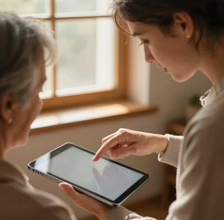 A warm close-up of a young mentor patiently guiding an elderly woman's hand on a tablet screen, soft golden window light, 35mm photography.