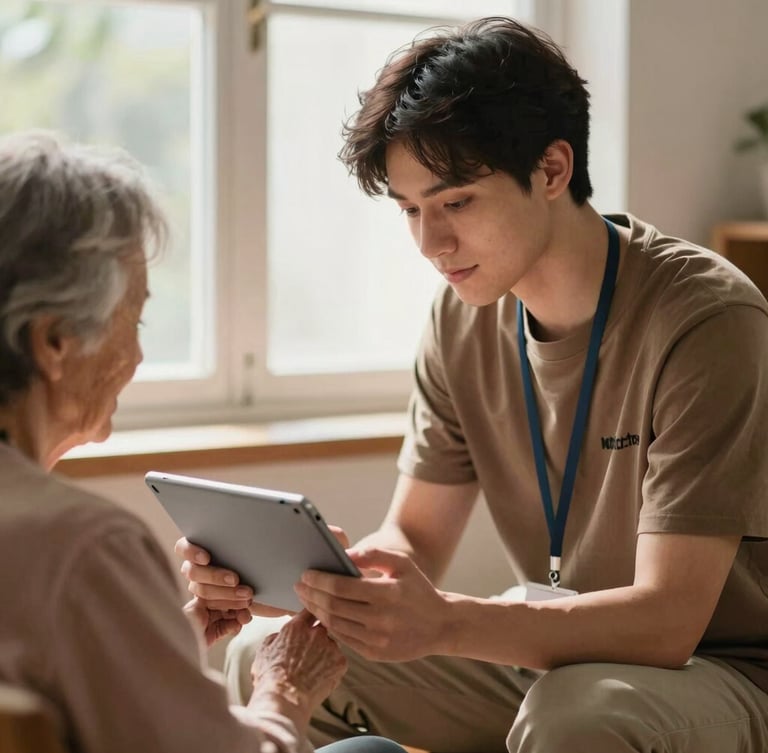 Warm editorial photograph of a young volunteer patiently guiding an elderly woman on a tablet, soft natural window light, shallow depth of field, 35mm