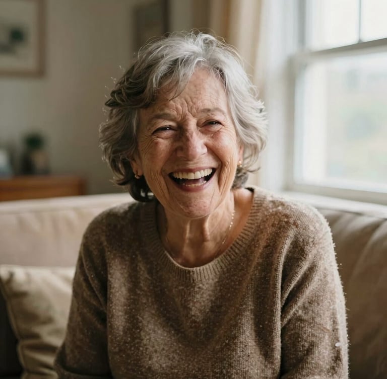 A warm portrait of a senior woman laughing in a sunlit living room, soft natural window light, shallow depth of field, authentic human connection, 35mm photography