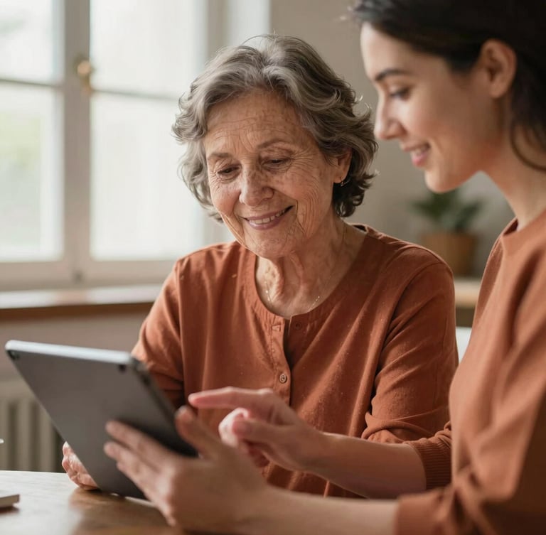 A warm editorial photograph of an older woman smiling as a young mentor patiently guides her hand on a tablet, soft natural window light, rich terracotta tones, shallow depth of field, 35mm