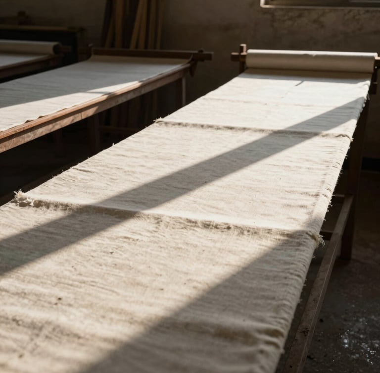 A high-contrast photo of long printing tables in a Jaipur workshop, hand block printed fabrics stretched out under harsh natural sunlight, casting sharp shadows on unbleached cotton.
