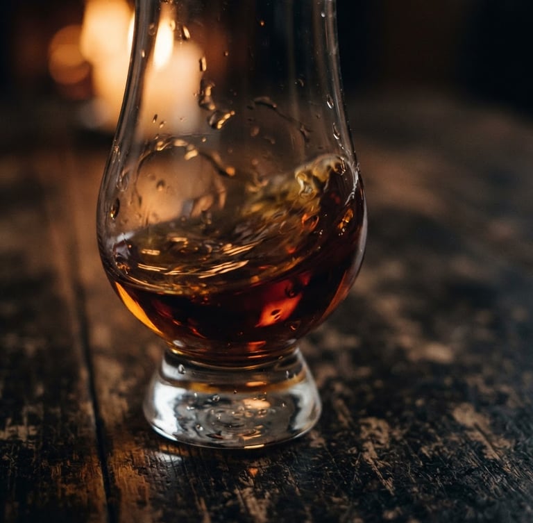 Moody close-up of amber whisky swirling in a Glencairn glass on a dark textured wooden table, warm backlighting, shallow depth of field, 35mm