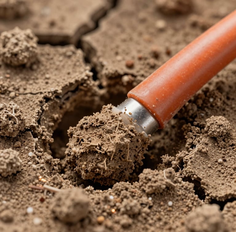 Extreme macro close-up of the Radícula polymer sensor buried in dry, cracked clay soil, showing its rugged texture and thick orange cable